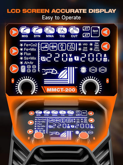 Multiprocess Welding Machine-200A 7 in 1 Welder Combo with HF TIG/Gas MIG/Flux Core MIG/Stick/Plasma Cutter/SYN/Spot/VRD Welding, Spool Gun 110/220V Dual Voltage Aluminum Welder
