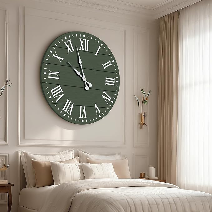 Large Wall Clock with Roman Numeral, 35” Shiplap Wall Clock Farmhouse Nearly Non-Ticking, Round Clock for Living Room Decor, Office, Bedroom, Entrance, Green