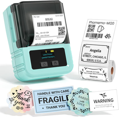 Phomemo M120 Label Maker Machine with Tape, 2 Inch Bluetooth Label Printer for Small Bussiness, Office, Home, School, Barcode Label Maker with Versatile App with 1000+Icons and 100 Fonts, Green