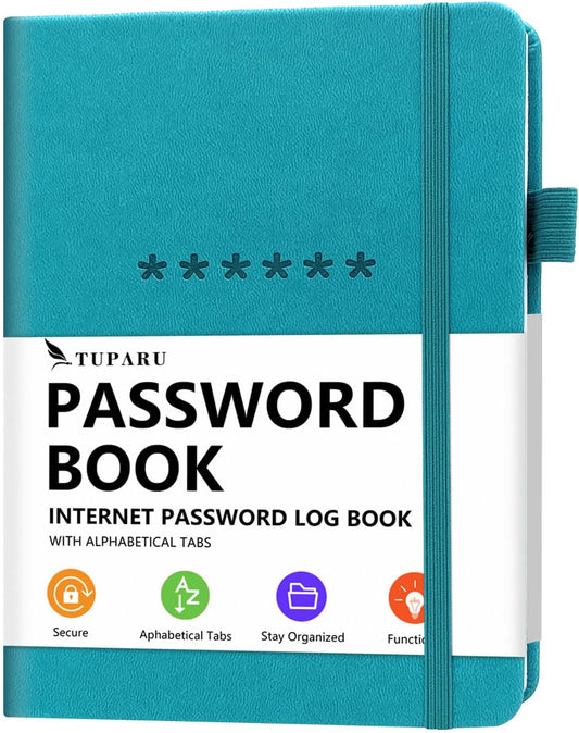 Password Book with Alphabetical Tabs – Hardcover Internet Address & Password Organizer – Password Keeper Notebook for Computer & Website – 7 x 10" Log-in Password Journal w/Thick Paper (Turquoise)