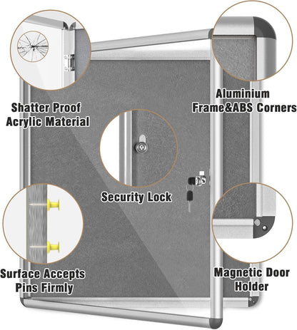 28"x26" Enclosed Bulletin Board, Lockable Weather-Resistant Aluminum Cork Noticeboard for School & Office, Silver Frame w/Grey Flet
