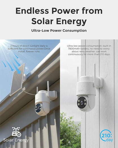 Devo Solar Security Camera Wireless Outdoor, 2.3K HD 360° PTZ Color Night Vision, AI/PIR Human Detection, 2-Way Audio, Solar & Battery Powered, WiFi 6, IP66 Waterproof, Triple Alert System White