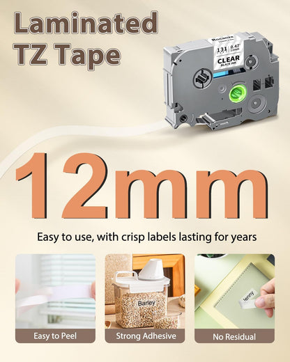 TZe-131 Clear Label Maker Tape Compatible with Brother P-Touch Label Tape 12mm 0.47 Laminated Clear TZ Tape 1/2" Work with Brother PTouch D220 PTD210 PTH110 PTH111 PTP710BT PTD400 Cube, 6-Pack
