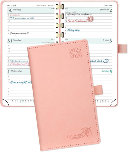 POPRUN Pocket Planner 2025-2026 (Slim Size 3.5'' x 6.5'') Academic Purse Calendar (July 2025 - June 2026) with Hourly Time Slots, 100GSM Thick Paper, Spiral Soft Cover - Pink