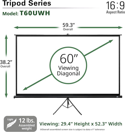 Elite Screens Tripod, 60-Inch 16:9 Portable Projector Screen with Stand– MaxWhite 2, 1.1 Gain, Adjustable Indoor Outdoor Pull Up Projection Screen for Home Theater, Office & Classroom, T60UWH, Black