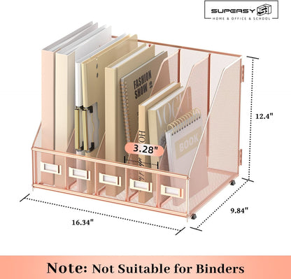 SUPEASY Desk Organizers Metal Desk Magazine File Holder with 5 Vertical Compartments Rack File Organizer for Office Desktop, Home Workspace, Rose Gold