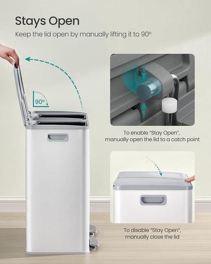 SONGMICS Trash Can, 2 x 8 Gallon (2 x 30 L) Dual-Compartment Garbage Can with Soft-Close Lid, Pedal and Inner Buckets, Stainless Steel, Includes 15 Liner Bags, Matte White ULTB741W01