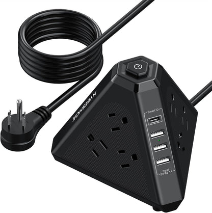 Tower Surge Protector Power Strip, NVEESHOX 9 AC Outlets with 4 USB Ports (1 USB C) 3-Side Triangle Outlets with USB Ports,6.5 Ft,Flat Plug, Charging Station with Surge Protection (Black+6.5 FT)