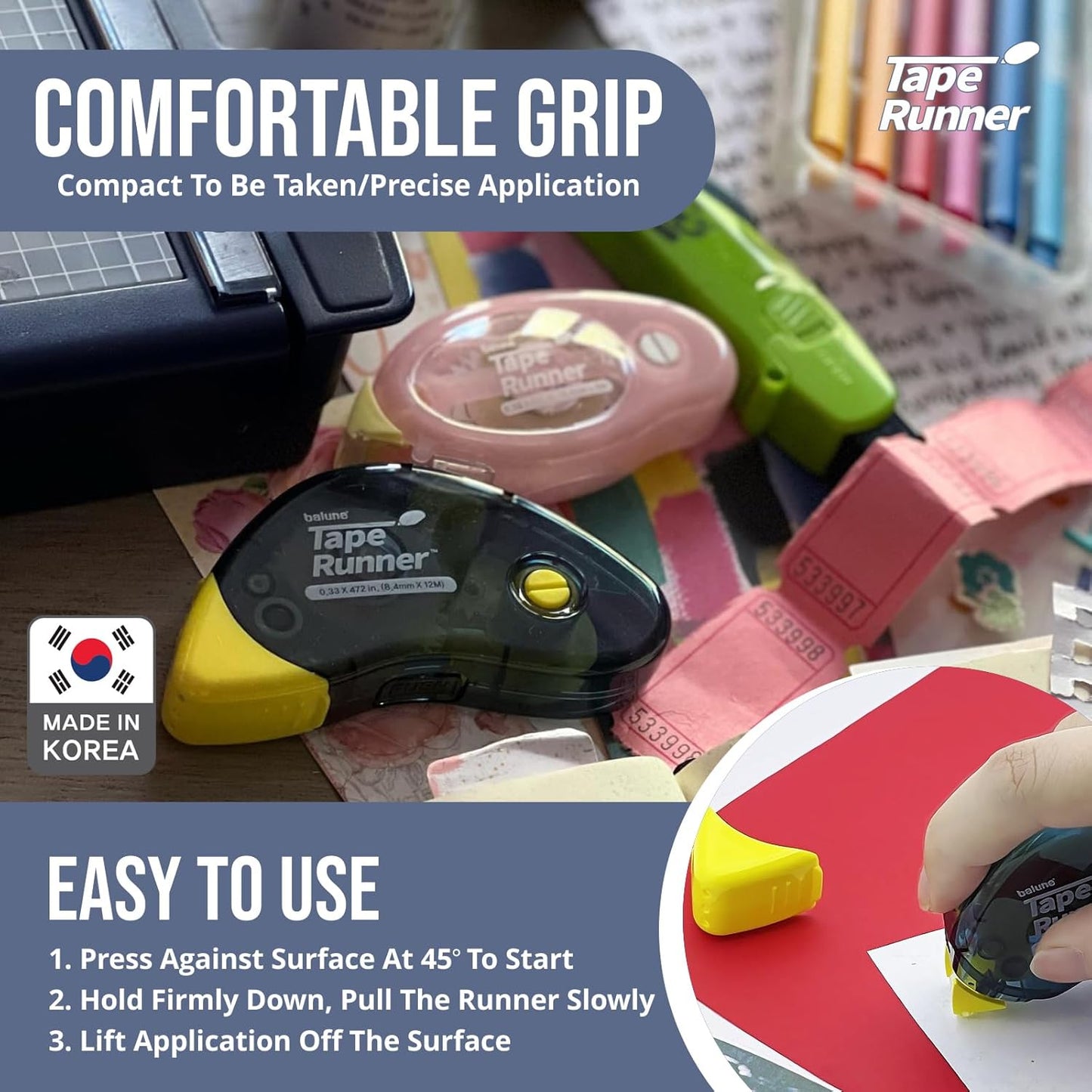 Tape Runner - Double Sided Adhesive with Dispenser Roller Included - Acid Free, Sticky, Clear & Transparent - Ideal for Scrapbooking, Crafts & More - Boomerang (417 inches per cartridge), 5 Cartridges