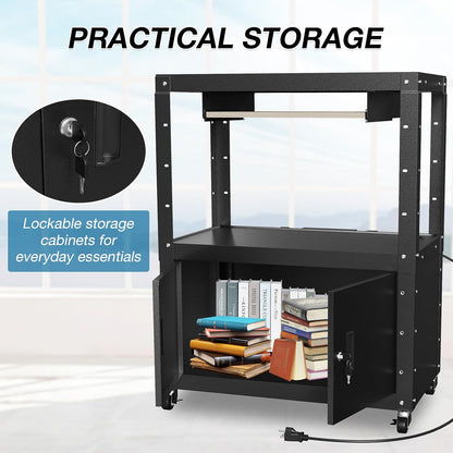 AV Cart, Adjustable-Height Rolling Computer Cart with Charging Station, Steel AV Presentation Cart with Locking Cabine & Keyboard Tray, Multipurpose Utility Cart Mobile Workstation for Office, Black