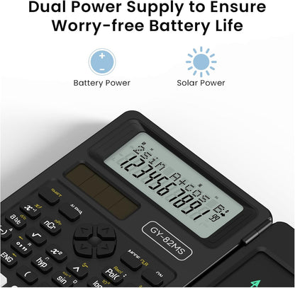 Scientific Calculators for School with Notepad, ROATEE Middle and High School Supplies for Student, 82 MS Foldable 2-Line Display Science Calculator with Writing Tablet, Solar and Battery Power Black