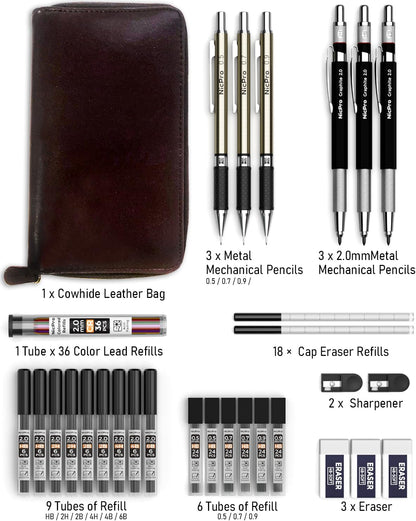 Nicpro 30PCS Art Mechanical Pencil Set in Leather Case, Metal Drafting Pencil 0.5 mm, 0.7 mm, 0.9 mm & 3 PCS 2mm Lead Holders for Sketching Drawing With 16 Tube (6B 4B 2B HB 2H 4H Colors) Lead Refills