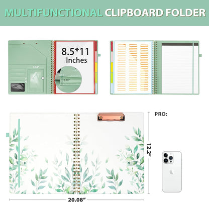 Clipboard with Storage for Men Women, Leather Padfolio Portfolio Organizer 5 Folders with 10 Pockets, Spiral Clipboard Folio with Notepad for Letter Size, Elastic Closure and Pen Loop Green Plants