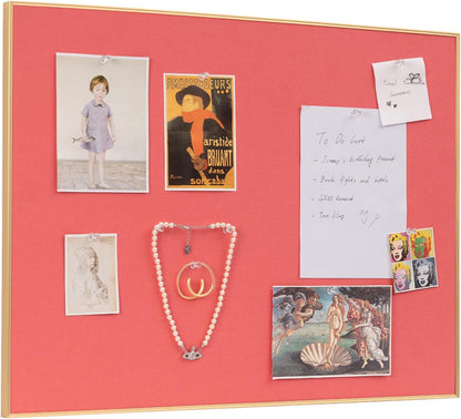 Bulletin Board 23.6 x 17.7 inches, Coral Red Pin Board, Golden Aluminum Framed Fabric Cork Board with 10 Push Pins