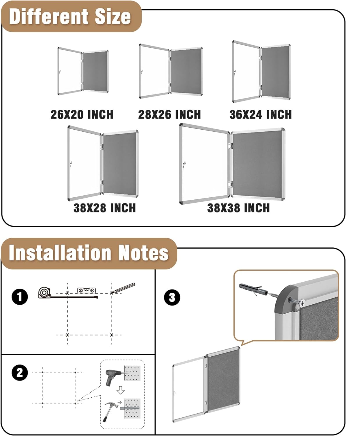 36"x24" Enclosed Bulletin Board, Lockable Weather-Resistant Aluminum Cork Noticeboard for School & Office, Silver Frame w/Grey Flet