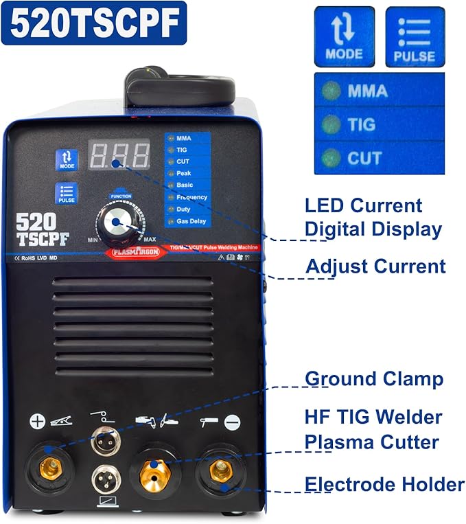 Plasma Cutter TIG Welder With PULSE Stick Welder Machine 520TSCPF Plasma Cutter Welder Combo 200A TIG/ARC Welding 50A Air Plasma Cutting Dual Voltage 110/220V 1/2" Clean Cut Upgrade Digital Panel