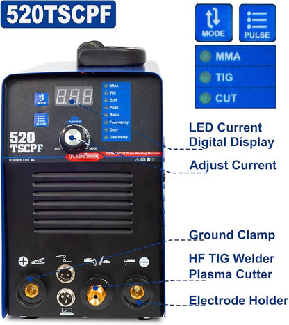 Plasma Cutter TIG Welder With PULSE Stick Welder Machine 520TSCPF Plasma Cutter Welder Combo 200A TIG/ARC Welding 50A Air Plasma Cutting Dual Voltage 110/220V 1/2" Clean Cut Upgrade Digital Panel