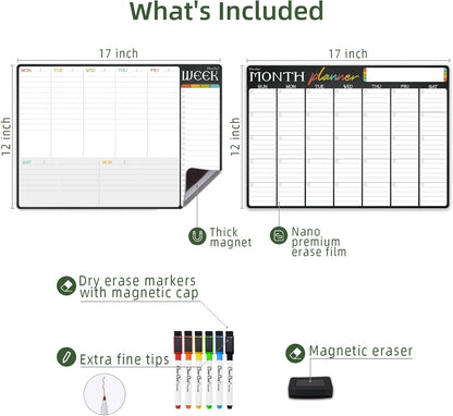 Magnetic Dry Erase Monthly and Weekly Calendar - 17"x12" Monthly and Weekly Whiteboard for Fridge - 6 Extra Fine Point Markers Included - Shipped Flat