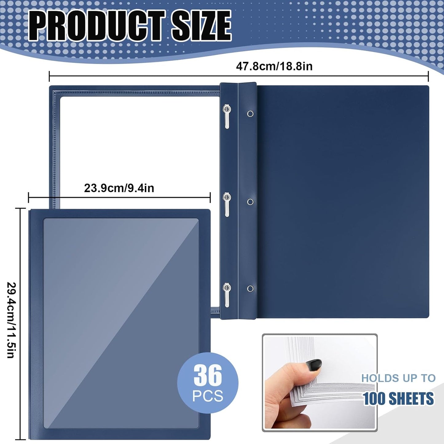 Teling 36 Pcs Report Covers with 3 Prong Fasteners Clear Front Presentation Folders Frame View Poly Report Folder Presentation Binder for Paper Document School Office (Navy Blue)