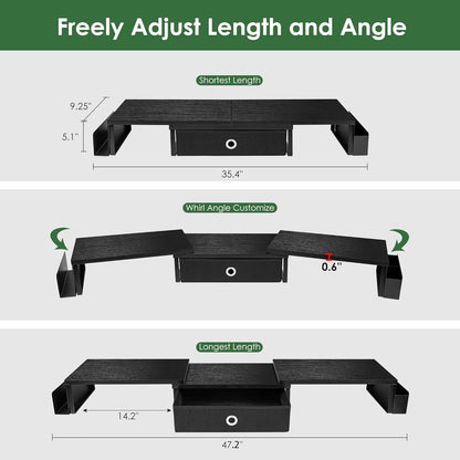 Dual Monitor Stand Riser w/ Drawer & Metal Leg, Large Computer Monitor Riser w/ Storage For 2 Monitors, Desk Shelf For Monitor w/ Adjustable Length & Angle, Desktop Organizer For Laptop/TV/Printer