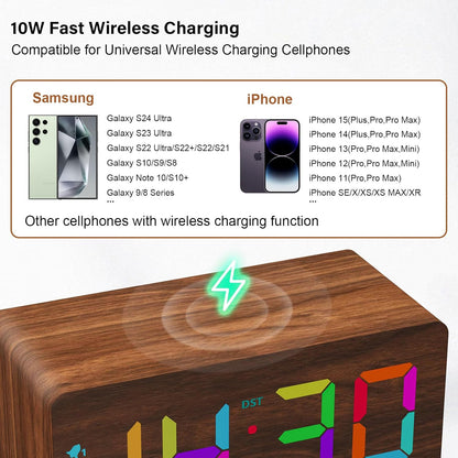 Wooden Digital Alarm Clock with Fast Wireless Charger, Dual USB Charging Ports, DST, Dimmable, Snooze, RGB Large Number Display LED Clock for Bedrooms, Living Room, Desk, Table, Bedside(Brown)