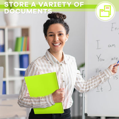 Henoyso 36 Pcs Plastic Folder with Clear Front Pocket and 3 Prong Plastic Folders with Card Slot Pocket Folders with Prongs for School Office (Fluorescent Green)