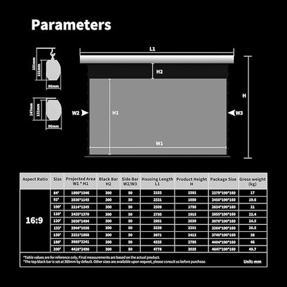 FlowArc Deluxe Smart Motorized Drop Down Screen Gray Crystal,White Aluminium Casing Ceiling/Wall Mount, 3D Enhanced,Compatible Lumen up to 1800 ANSI Standard/Telephoto Projector (150")