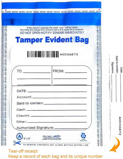 100Pcs 6"x9" Clear Plastic Bank Deposit Bag - Tamper Evident Security Bags -Transparent Cash Money Bags with High Level Security Seal