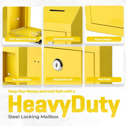 Metal Donation Box-Suggestion Box with Slot and lock-Cash Lock box for Money-Secure Drop Box-Comment and ballot voting box-comes with pre-drilled holes for easy wall mounting 10 X 6 X 2.5"(Yellow)