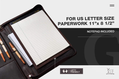 Genuine Leather Business Portfolio Padfolio Folder with Zipper for Men, Men's Leather Padfolio Folder for 13" Laptop, Business Portfolio with Letter Size Notepad, Graduation Gift，Dark Brown