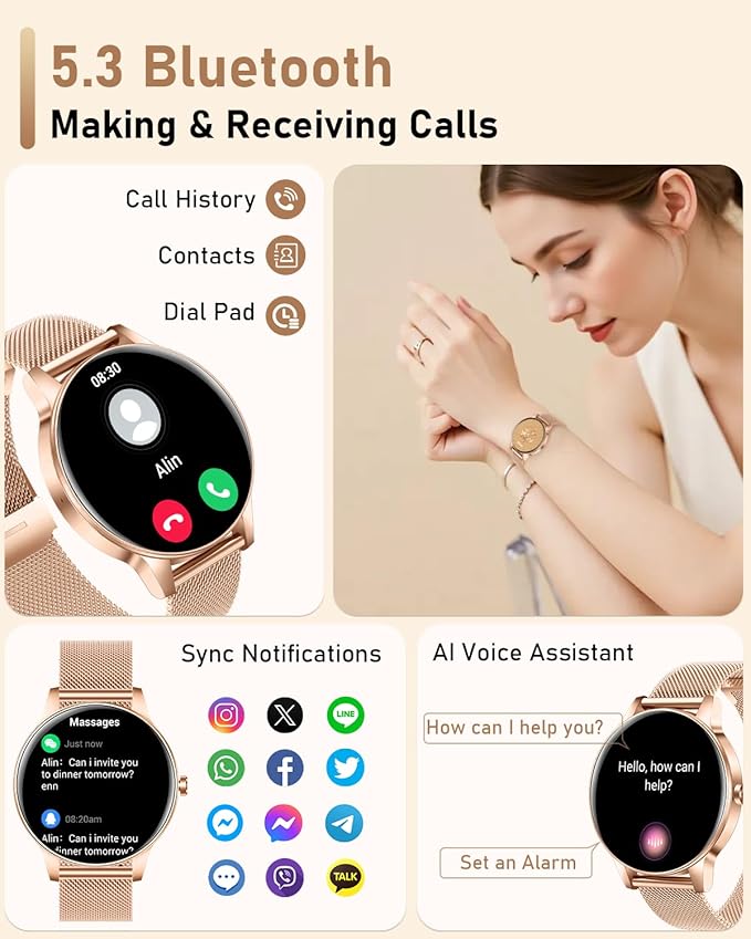 Smart Watch for Women, Answer/Make Call,1.27'' Touchscreen, 120+ Sports Modes Fitness Tracker, 24H Heart Rate/SpO2/Sleep/Menstrual Cycle/IP68 Fitness Watch for Android iOS, 4 Straps (Rose Gold)