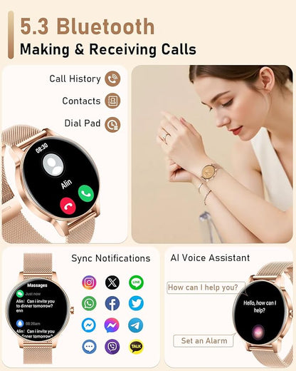 Smart Watch for Women, Answer/Make Call,1.27'' Touchscreen, 120+ Sports Modes Fitness Tracker, 24H Heart Rate/SpO2/Sleep/Menstrual Cycle/IP68 Fitness Watch for Android iOS, 4 Straps (Rose Gold)
