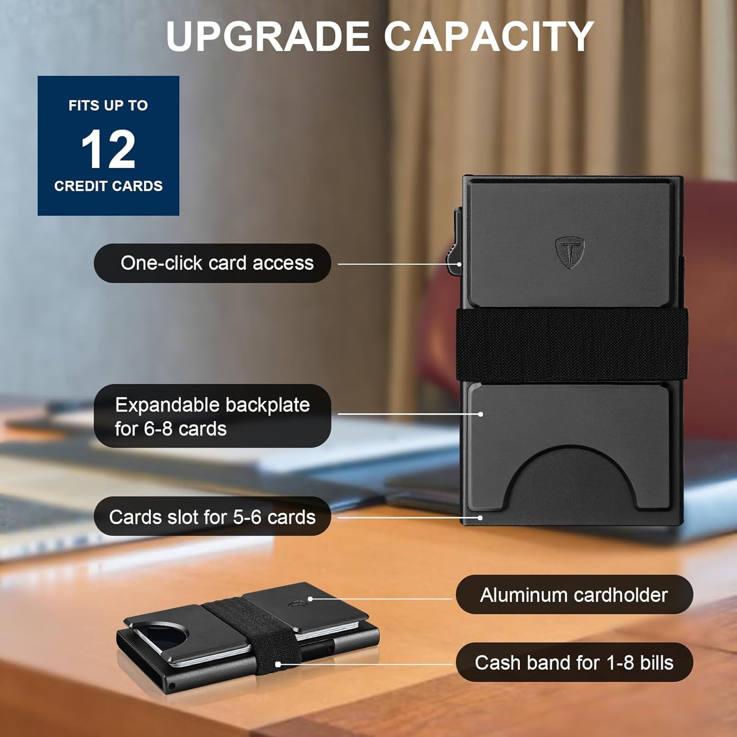 Slim Wallet for Men,Black RFID Blocking Card Holder with Expandable Backplate Money Clip & ID Window Quick Access Minimalist Metal Pop Up Wallet,Holds 12+ Credit Cards/Passport/ID Cards