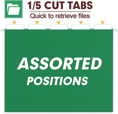 HERKKA Hanging File Folders, 60 Pack Reinforced Letter Size Hanging Folders, Designed for Bulky Files, Filing Cabinet, 1/5-Cut Adjustable Tabs (Green)