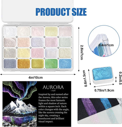 Mini Glitter Watercolor Paint Set, 20 Colors Shimmer Metallic Watercolour Painting Sets, Solid Pearl Water Color Paints for Kids, Adult, 1ml Trial Pack (Aurora)