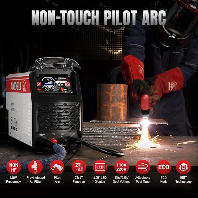 ANDELI Plasma Cutter 55A,Non-HF Non-Touch Pilot Arc，1'' Max Cut, 4-In-1 Plate Cutting/Grid Cutting/Gouging/Marking，Upgraded LED Display,Post Flow/2T/4T,110/220V IGBT Inverter for home, workshop