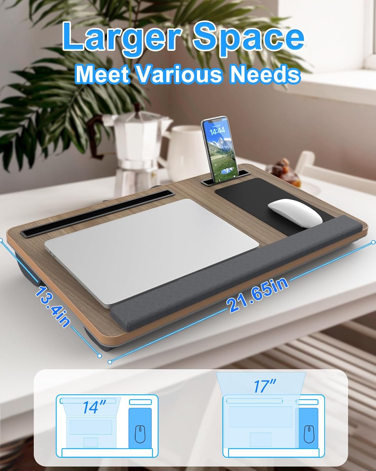 Laptop Lap Desk, Portable Large Laptop Desk for Bed, Up to 17 in Lap Table with Wrist Rest, Mouse Pad, Tablet Phone Slot, Portable Handle, Cushion (Dark Brown Woodgrain)