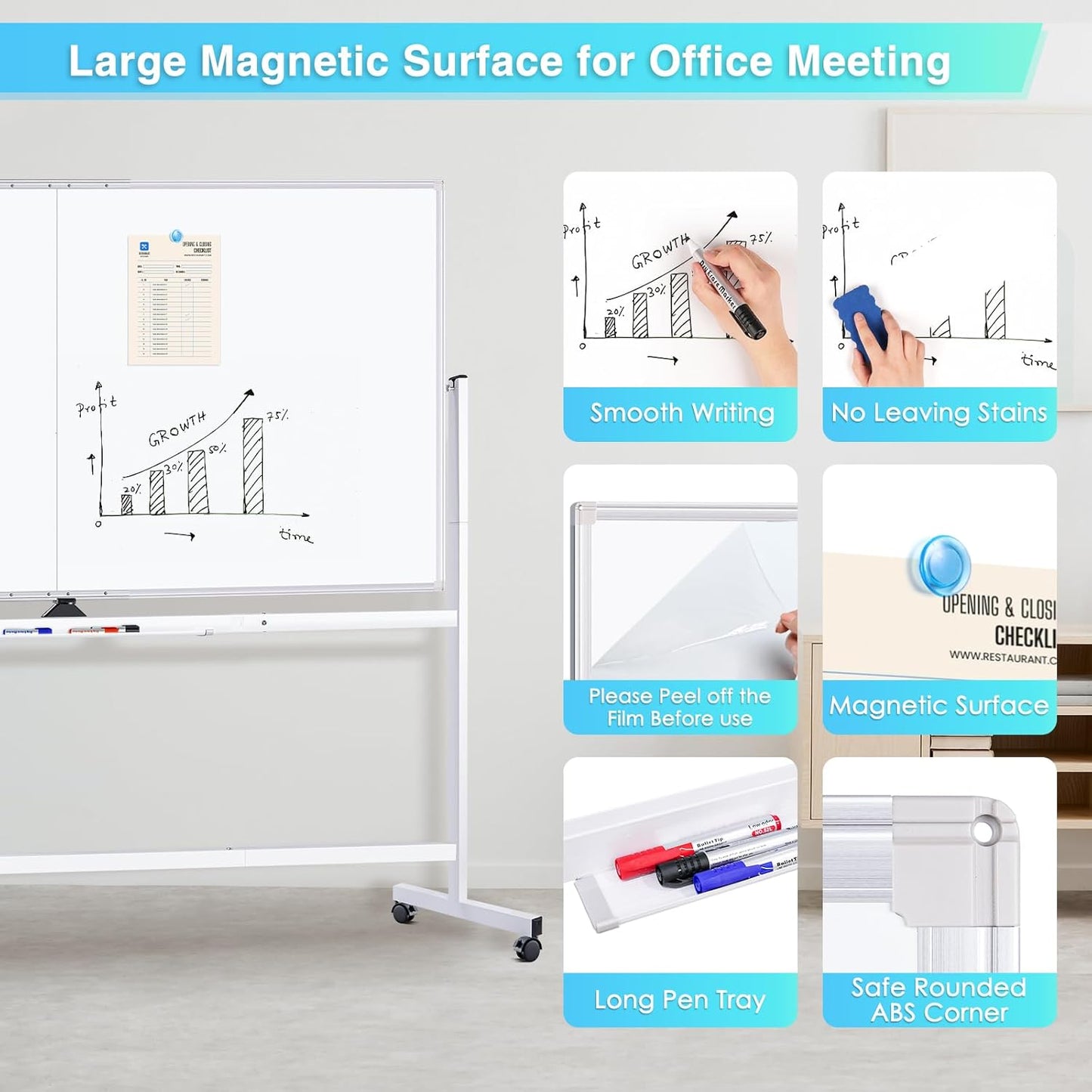maxtek Rolling Whiteboard, 96x48 Large Double-Sided White Board Dry Erase on Wheels, Giant Magnetic White Board Standing for Office, School, Home Office, Homeschool