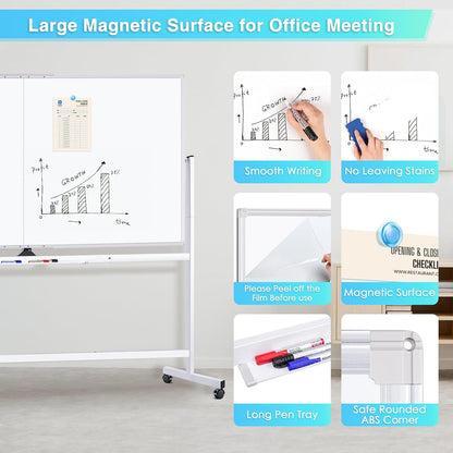 maxtek Rolling Whiteboard, 96x48 Large Double-Sided White Board Dry Erase on Wheels, Giant Magnetic White Board Standing for Office, School, Home Office, Homeschool