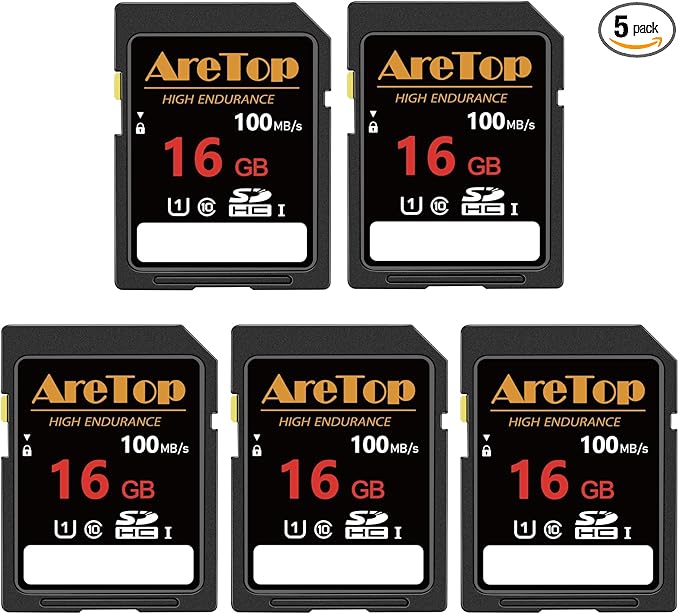 AreTop SD Card 16GB, 5 Pack UHS-I Class 10 SDHC Memory Card, 5 Pack 16GB Full HD Video Secure Digital Cards for Cameras, DSLR, Action Cams and Trail Camera