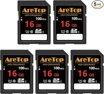 AreTop SD Card 16GB, 5 Pack UHS-I Class 10 SDHC Memory Card, 5 Pack 16GB Full HD Video Secure Digital Cards for Cameras, DSLR, Action Cams and Trail Camera