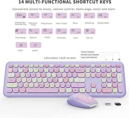 Wireless Keyboard and Mouse Combo, Colorful Ergonomic Full Size Retro Low-Noise Keyboard with Cute keycaps, Compatible with Windows, PC, Perfer for Home and Office Keyboards (Purple)