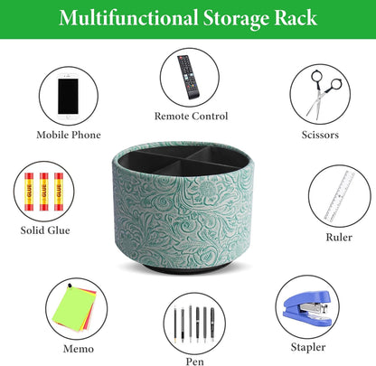 lizimandu Round Leather Art Supply Organizer,Remote Control Holder,360 Degree Spinning,Multi-Functional Pencil Holder,4 Compartments Desktop Stationary Organizer(1-Carved Stone Green)