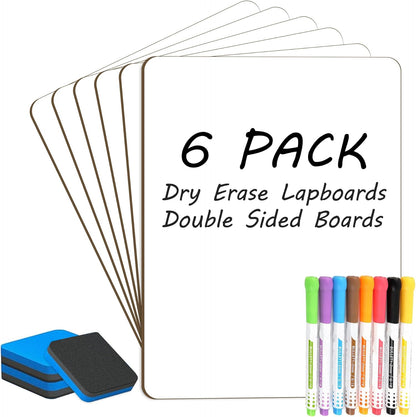 Small White Board Dry Erase 6 Pack Classroom Pack,9"x12"Double Sided Personal Mini Whiteboard for Students School,Portable White Boards Lapboards Including Dry Erase Erasers and Markers