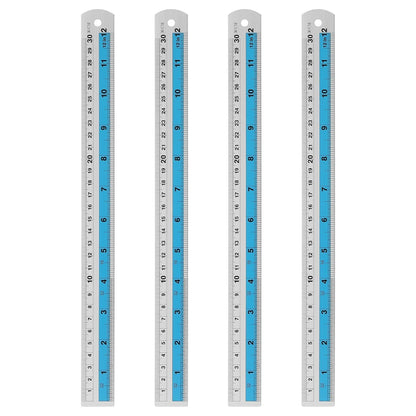 HARFINGTON 4pcs Metal Straight Ruler 30cm Metric SAE Aluminum Alloy Measuring Rulers Scale Tools with Hole for Measure Study Reading Classroom Office, Blue