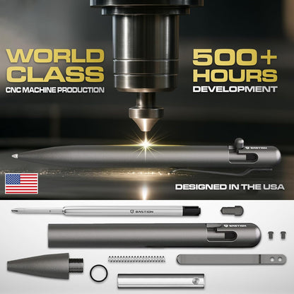 BASTION® Luxury Bolt Action Pen, Durable Professional Ballpoint Pen with Fine Tip, EDC Pen Ink Refillable Pen - Titanium Gray