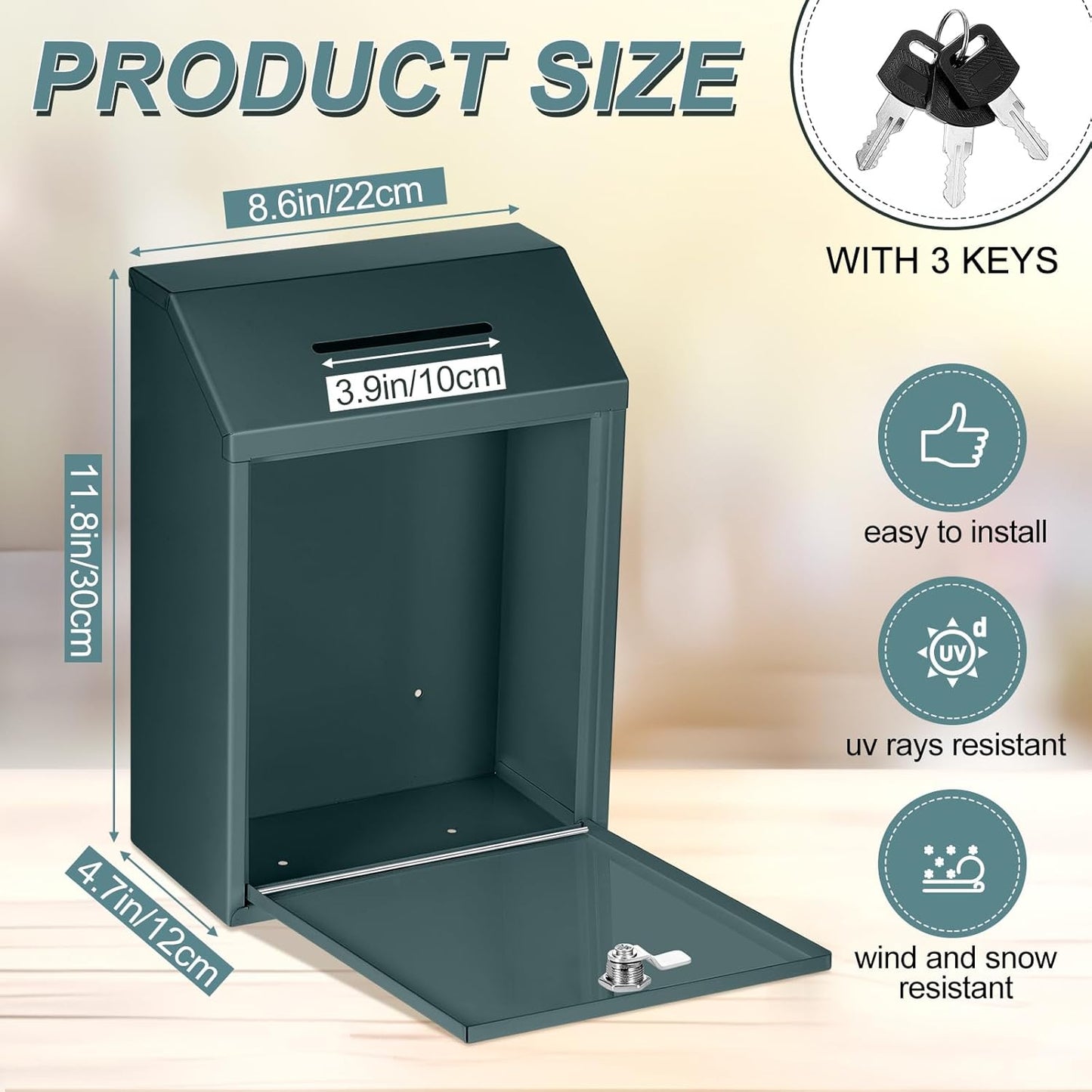 Metal Donation Cash Box Collection Safe Suggestion Box with Lock Wall Mounted Mailbox Delivery Ballot Container for Home Office Outdoor Door(Green,11.8 x 8.6 x 4.7 Inch)