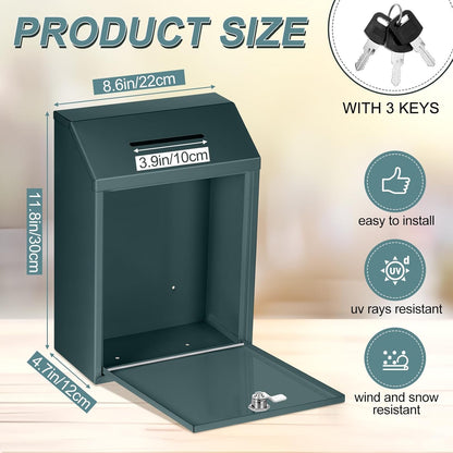 Metal Donation Cash Box Collection Safe Suggestion Box with Lock Wall Mounted Mailbox Delivery Ballot Container for Home Office Outdoor Door(Green,11.8 x 8.6 x 4.7 Inch)