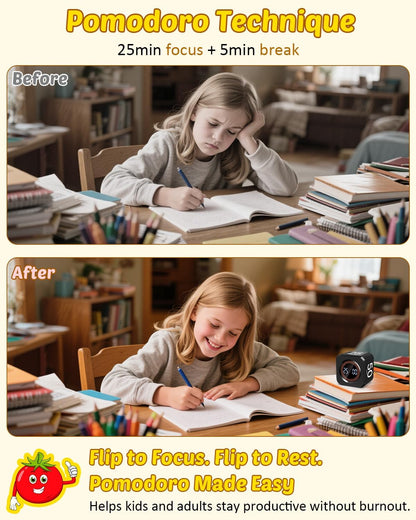 Pomodoro Timer Cube Visual Productivity Flip Timer for Kids Classroom Desk, 5/10/25/50min& Custom Countdown, Silent&Sound Mode Digital Cube for ADHD Study Work School Game Kitchen (Black)