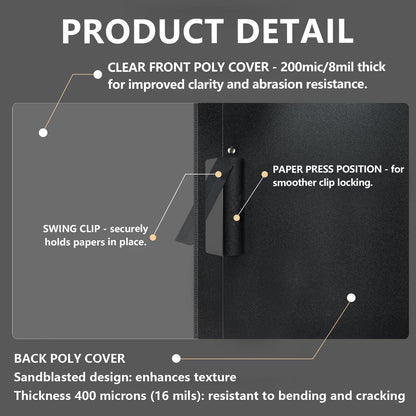 TOTiyea 25 Pack Clear Report Covers with Swing Clip, File Folder with Swing Clip, 30 Sheets Capacity, Slide Locking Report Covers, Letter Size (Black, 25 Pack)